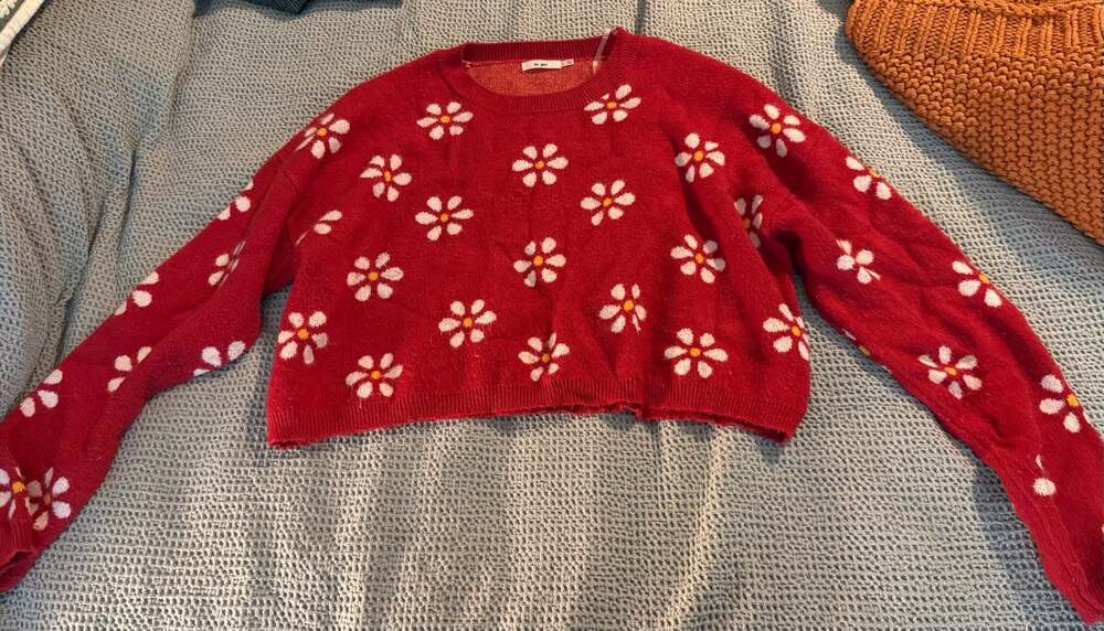 M, Ami Red Daisy Floral Print Crewneck Knit Sweater Size L